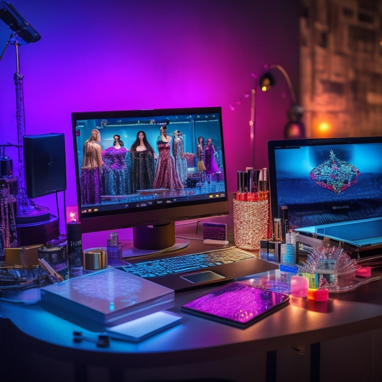 A glamorous, dimly lit makeup station with a vanity mirror, colorful dance makeup products, and a laptop open to an e-commerce website, surrounded by dance costumes and accessories.