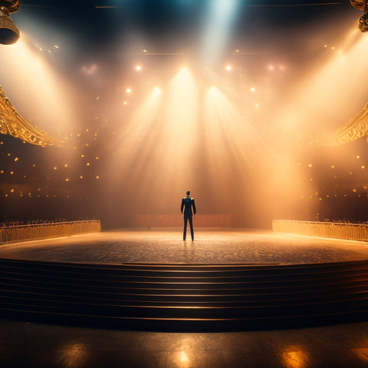 A lone figure, spotlight shining, stands victorious on a grand, velvet-covered stage, confetti swirling, amidst a sea of empty, golden trophies, with a single, gleaming, oversized medal around their neck.