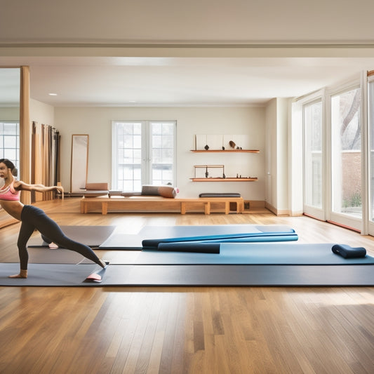 A bright, airy dance studio with a wooden floor, mirrored walls, and a ballet barre, featuring a dancer in mid-pose, surrounded by essential fitness accessories like yoga mats, resistance bands, and water bottles.