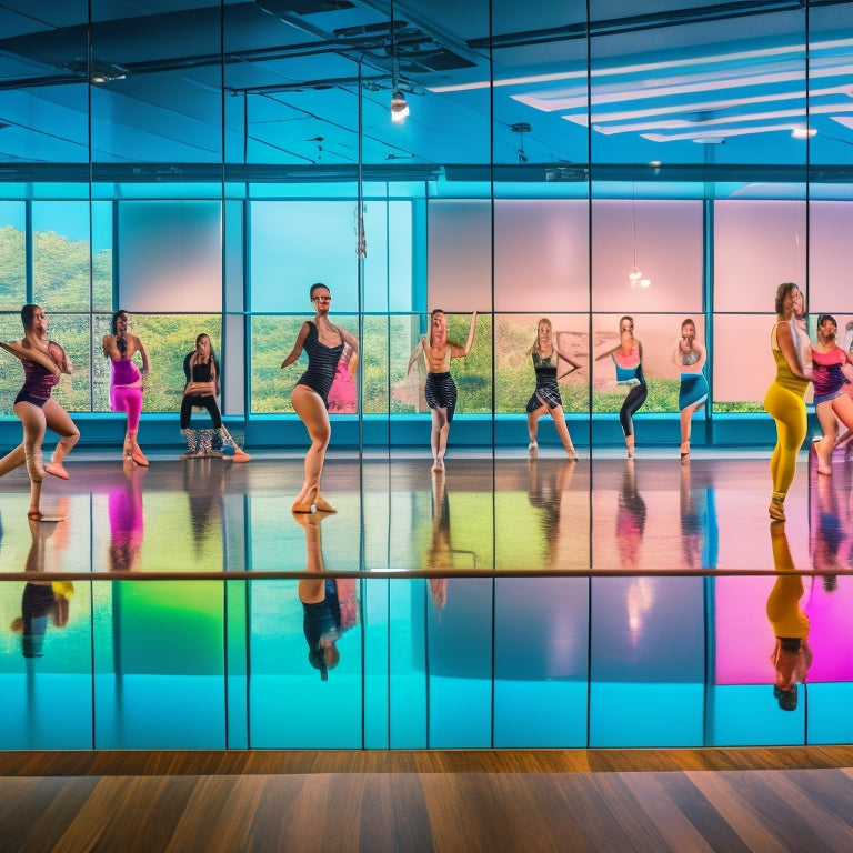 A vibrant, modern dance studio with mirrored walls, wooden floors, and a sea of colorful dance shoes scattered about, surrounded by dancers of diverse ages and abilities in various poses.