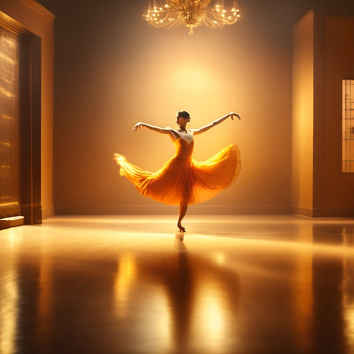 A serene, dimly lit dance studio with a warm, golden glow, featuring a single dancer in gentle, flowing motion, surrounded by floating, swirling shapes in soothing colors, evoking a sense of freedom and release.