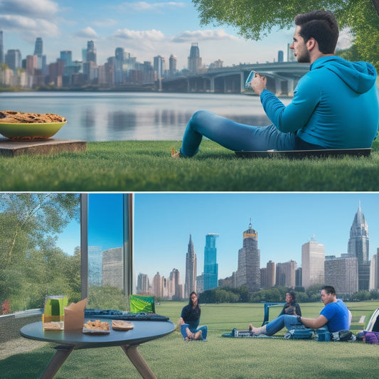 A split-screen image with a person sitting on a couch, surrounded by junk food and electronic devices, versus the same person exercising outdoors, with a cityscape or park in the background, with a subtle gradient of green and blue tones.