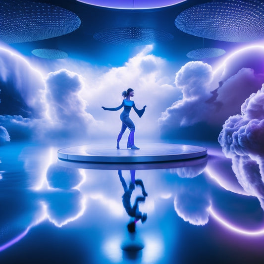 A futuristic dance studio with a solo dancer wearing VR headset and gloves, surrounded by swirling clouds of code, mirrors, and dance floors that blend into a virtual environment.