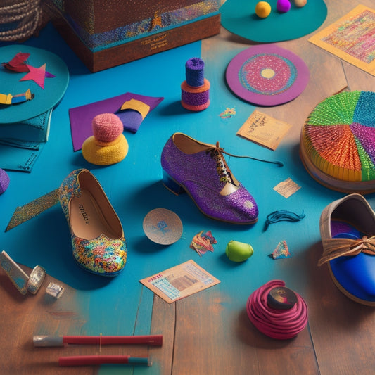 A colorful, whimsical illustration of a dance studio with tap shoes, music notes, and flashcards scattered around a wooden floor, surrounded by inspirational quotes and swirling dance movements.