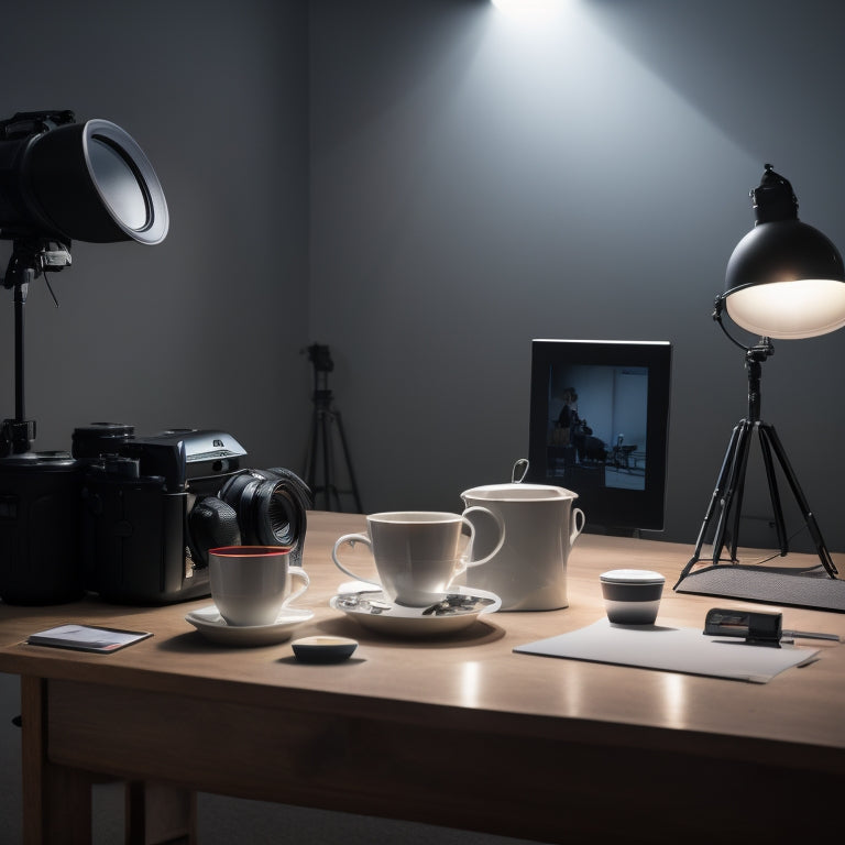 A minimalist studio setup with a camera, microphone, and softbox lights, surrounded by scattered papers, laptops, and coffee cups, with a blurred-out instructor in the background.