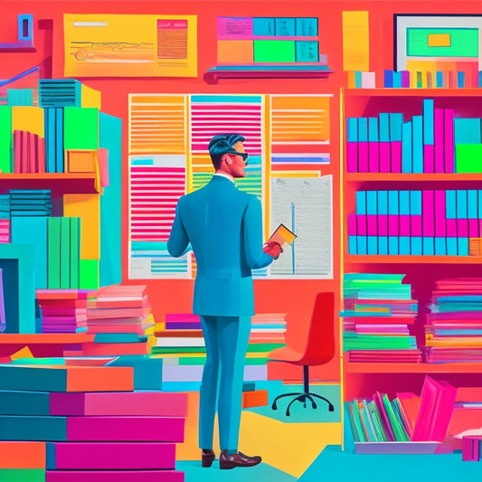 A stylized illustration of a teacher or instructor standing in front of a large, organized whiteboard filled with colorful sticky notes, diagrams, and charts, surrounded by stacks of folders and laptops.