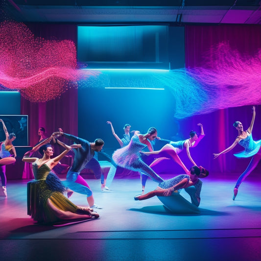 A vibrant illustration of a dance studio with laptops and tablets scattered around, ballet bars transformed into digital pedestals, and dancers in motion surrounded by swirling digital dance notations.