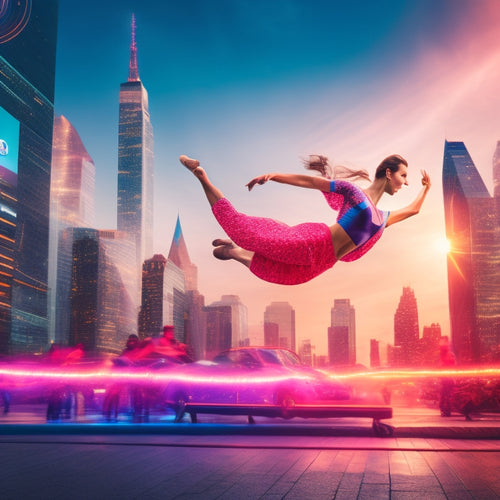 A stylized illustration featuring a dancer in motion, surrounded by swirling digital elements, such as laptops, smartphones, and tablets, with subtle dance studio and cityscape backgrounds.