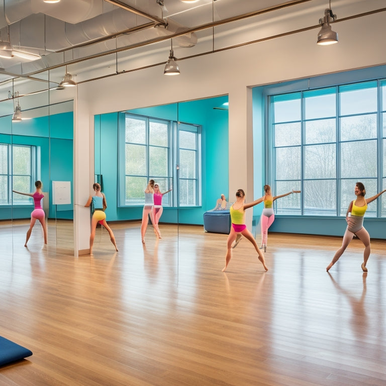 A bright, modern dance studio with a wooden floor, mirrors, and ballet bars, featuring a bulletin board with colorful tabs and a few dancers in the background, stretching or reading papers.