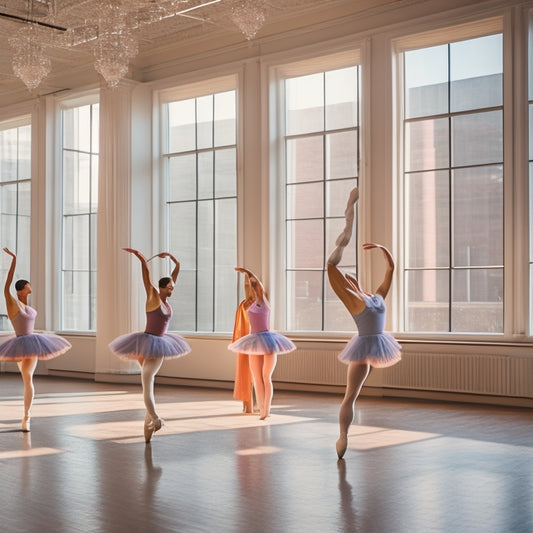 A serene ballet studio with a wooden barre, soft morning light filtering through large windows, elegant dancers in colorful workout attire, showcasing strength and grace in fluid movements, reflecting the harmony of fitness and artistry.