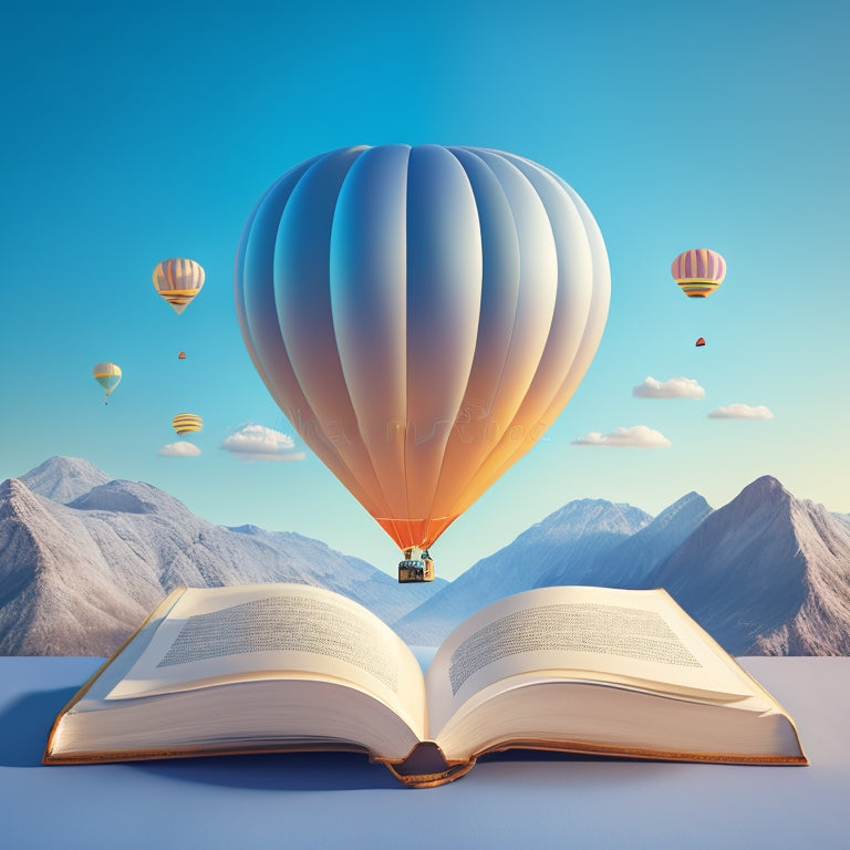 A whimsical illustration featuring a stylized, open book with glowing pages, surrounded by fluttering bookmarks, and a hot air balloon rising from its center, set against a soft, gradient blue sky.