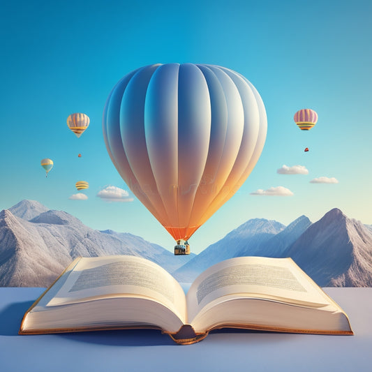 A whimsical illustration featuring a stylized, open book with glowing pages, surrounded by fluttering bookmarks, and a hot air balloon rising from its center, set against a soft, gradient blue sky.