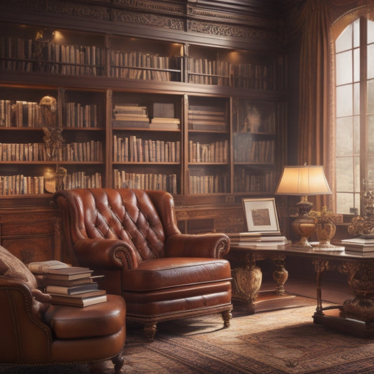 A warm, cozy study with floor-to-ceiling bookshelves, featuring a few open, ornate book boxes with papers and bookmarks spilling out, surrounded by plush armchairs and soft, golden lighting.