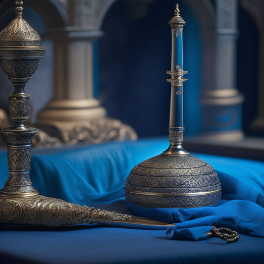 A dramatic, dimly lit studio with a single spotlight shining down on a beautiful, ornate sword, surrounded by swirling veils of silk, with a subtle Middle Eastern-inspired patterned background.