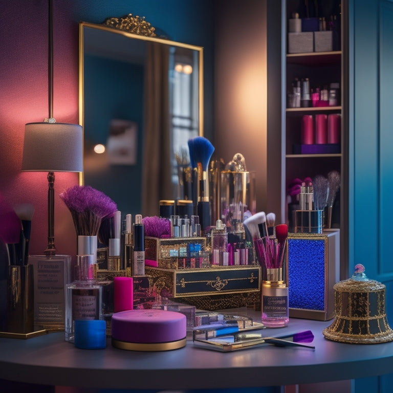 A tidy, well-lit makeup station with various colorful products organized in labeled drawers, baskets, and tiers, surrounded by dance-inspired decor, with a few makeup brushes and a mirror in the center.