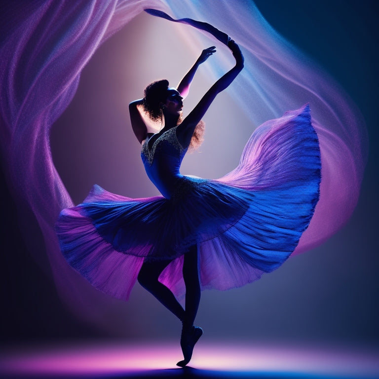 A stylized illustration of a dancer's silhouette with flowing shadows resembling tendrils, set against a vibrant, ombre background transitioning from deep blues to bright pinks.