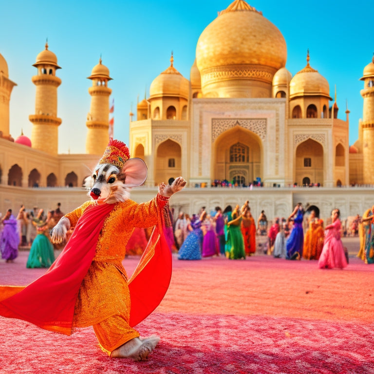 Geronimo Stilton, a bespectacled mouse in a bright orange turban, dances in front of the Taj Mahal, surrounded by colorful Bollywood dancers and vibrant Indian fabrics.