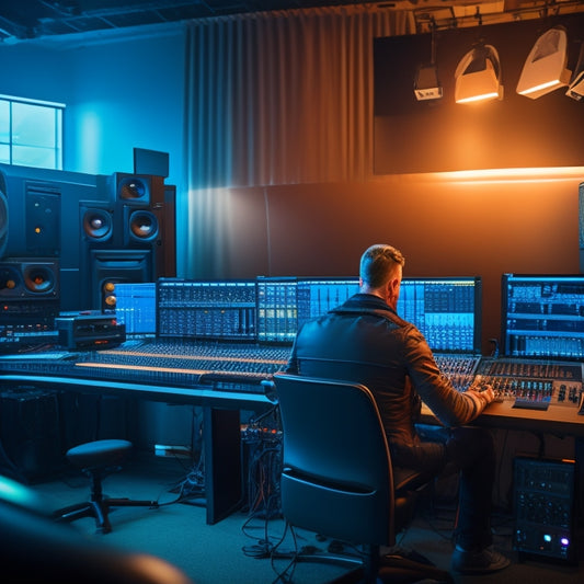 A dimly lit recording studio with a sound engineer sitting in front of a mixing console, surrounded by headphones, cables, and screens displaying audio waveforms, with a subtle spotlight on a pair of professional studio monitors.