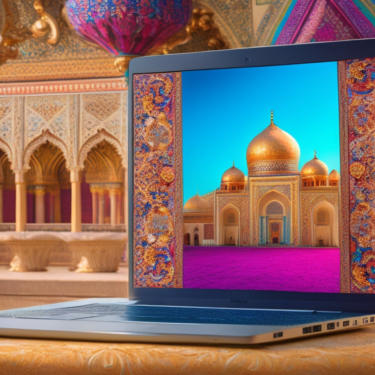 A vibrant illustration of a laptop surrounded by Middle Eastern-inspired patterns, with a dancer's flowing skirt and veil flowing out of the screen, amidst a subtle background of intricate Arabian architecture.