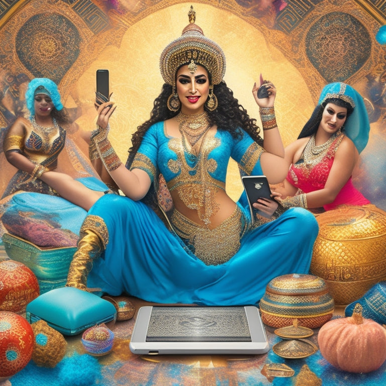 A whimsical illustration of a belly dancer surrounded by swirling social media icons, laptops, and smartphones, with a subtle Middle Eastern-inspired background pattern.