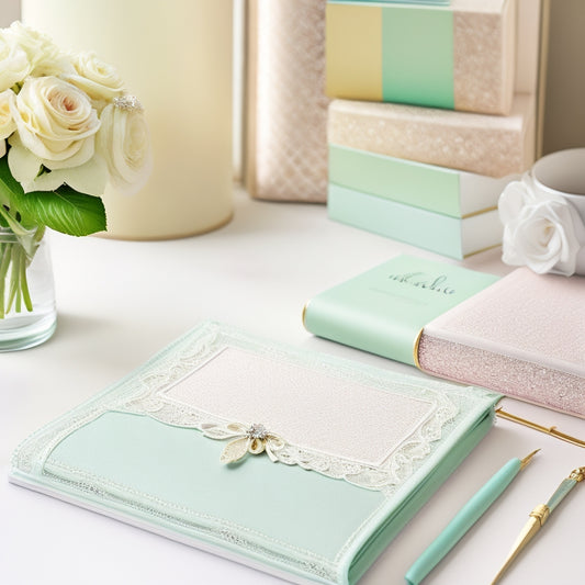 A serene, pastel-hued illustration of a wedding planner's desk, featuring a elegant, lace-trimmed wedding veil, a delicate, flower-adorned wedding cake topper, and a tidy, color-coded wedding planning binder.