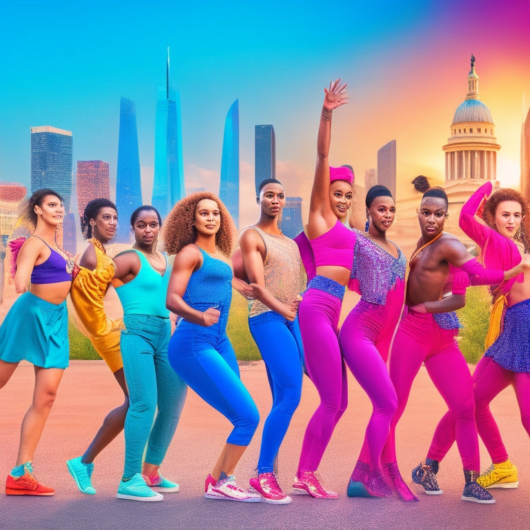 Vibrant illustration of a diverse group of young dancers from different cultural backgrounds gathered in a colorful American university campus, surrounded by iconic US landmarks.