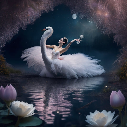 A whimsical illustration of a ballerina morphing into a swan, surrounded by fluttering feathers, wispy fabrics, and delicate flowers, set against a soft, moonlit background with subtle, shimmering lights.