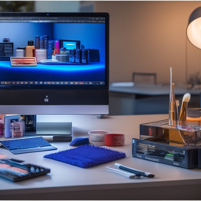 A split-screen image featuring a messy, cluttered makeup station with scattered brushes and products on one side, and a sleek, organized digital workstation with a laptop and tidy virtual makeup tools on the other.