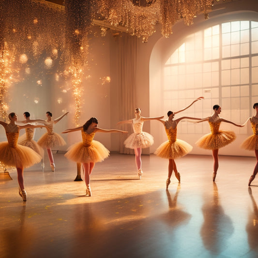 A warm, golden-lit dance studio with a row of ballet barres, mirrors, and a few dancers in various poses, surrounded by scattered dance shoes, flowers, and confetti, with a subtle sparkle effect.