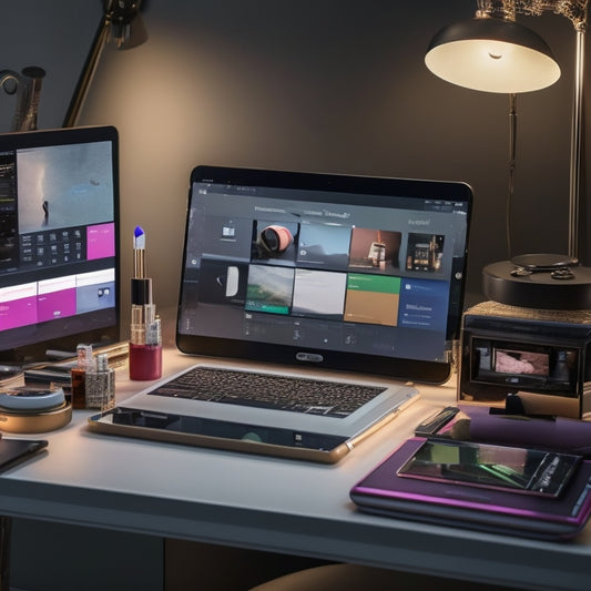 A cluttered, well-lit makeup station with various digital devices, including a tablet with a color palette app open, a smartphone with a social media page displaying a makeup artist's work, and a laptop with a scheduling calendar visible.