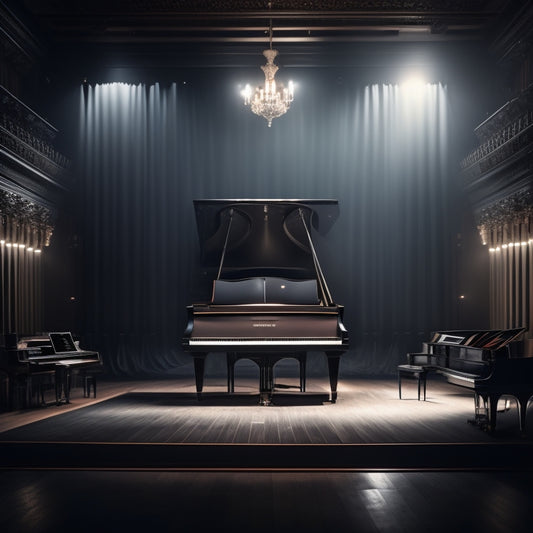 A darkened concert hall with a grand piano center-stage, surrounded by spotlights, music stands, and a majestic, sweeping curtain, evoking anticipation for a mesmerizing performance.