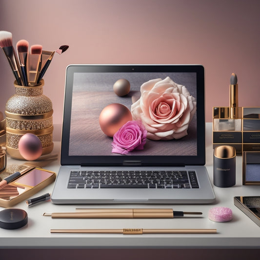 A digital illustration of a makeup artist's workstation with a laptop and tablet open to an online course platform, surrounded by makeup brushes, palettes, and mirrors, with subtle beauty-themed graphics in the background.