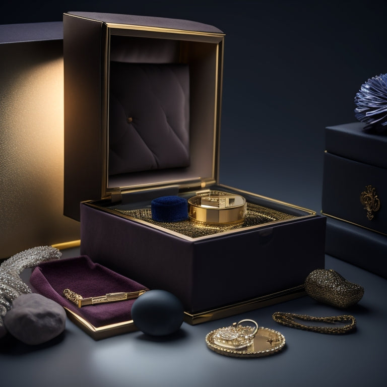 A luxurious, velvet-covered box with a delicate latch, surrounded by soft, golden lighting, sits atop a sleek, black background, with a few, carefully arranged, high-end product samples spilling out.