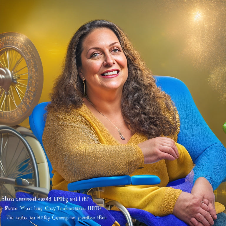 A warm, golden-lit portrait of Stephanie Debes, a strong and determined individual with a disability, sitting in a wheelchair, surrounded by inspirational quotes and symbols of empowerment on a vibrant, colorful background.