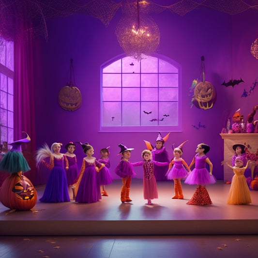 A whimsical illustration of a ballet studio filled with preschoolers in costume, surrounded by spider webs, jack-o'-lanterns, and bats, with a giant purple witch's hat on the ballet barre.