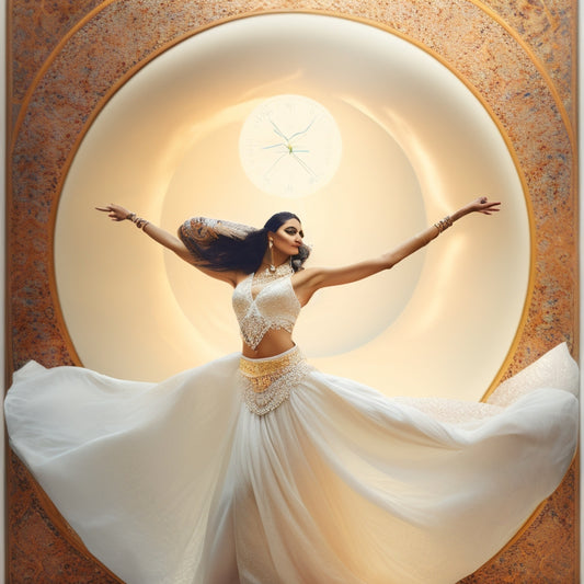 A serene, minimalist illustration featuring a belly dancer in a flowing white costume, surrounded by intricate, swirling patterns resembling Arabic calligraphy, with a subtle, shimmering calendar in the background.