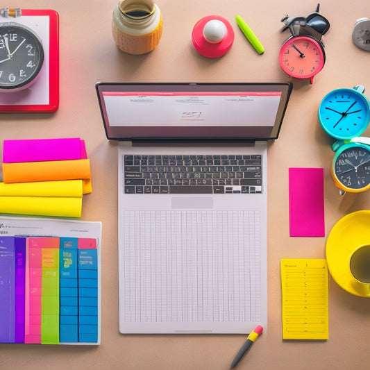 A minimalist digital illustration depicting a tidy online instructor's workspace with a laptop, a tablet, a calendar, a clock, and a few colorful sticky notes, surrounded by subtle digital learning icons.