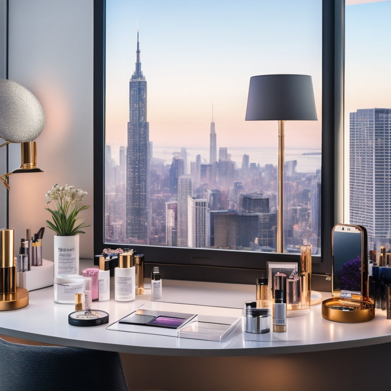 A bright, modern makeup station with a mirrored vanity, lit ring light, and various makeup products, surrounded by a subtle cityscape or urban background, with a smartphone and laptop open to social media platforms.