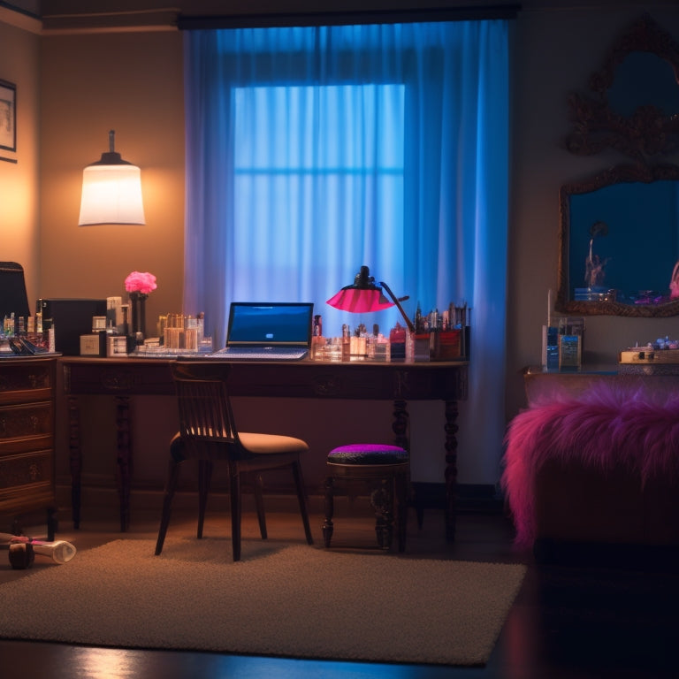 A serene, dimly lit dance studio with a vanity in the corner, featuring a dancer in a tutu, surrounded by makeup brushes, mirrors, and a laptop open to a tutorial webpage.