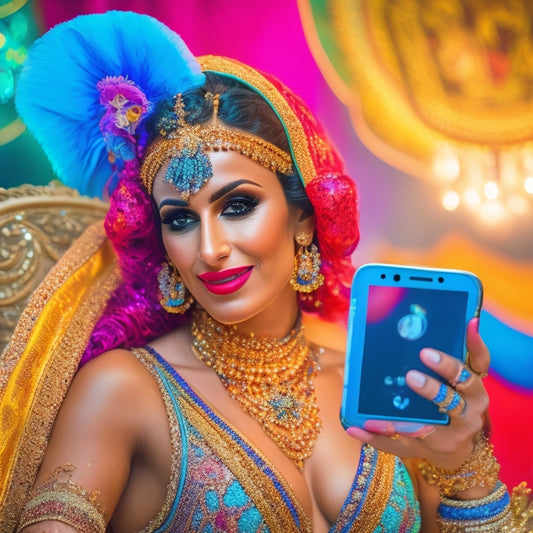A glamorous belly dancer in a vibrant, colorful costume, surrounded by exotic fabrics and Middle Eastern-inspired props, dancing in front of a smartphone with a live streaming icon on the screen.