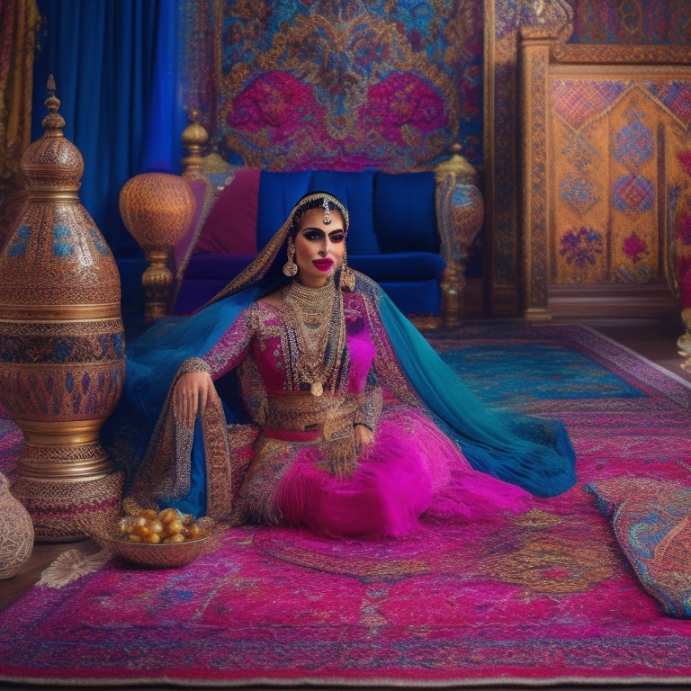 A vibrant illustration featuring a ornate, intricately-patterned Middle Eastern-inspired background, with a belly dancer's hip scarf, zills, and a oud lying on a colorful, embroidered carpet.