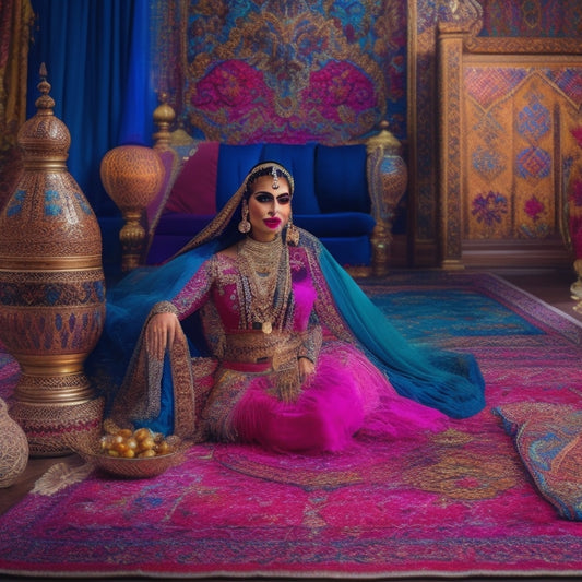 A vibrant illustration featuring a ornate, intricately-patterned Middle Eastern-inspired background, with a belly dancer's hip scarf, zills, and a oud lying on a colorful, embroidered carpet.