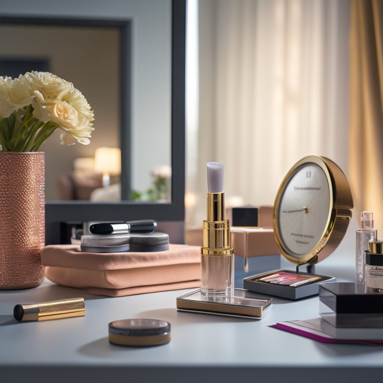 A clutter-free vanity with a neatly organized makeup kit, a timer, and a calendar in the background, surrounded by a subtle clock pattern, conveying a sense of efficiency and time management.