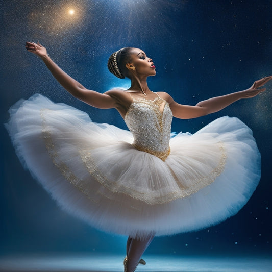 An elegant African American ballerina in a flowing white tutu, standing in a grand plié position, surrounded by subtle, shimmering stars and delicate, swirling patterns of silver and gold.