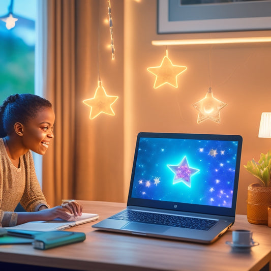 An illustration of a laptop screen displaying a virtual classroom with a teacher's video feed and a student's assignment, surrounded by sparkling light bulbs and stars, symbolizing personalized feedback and guidance.