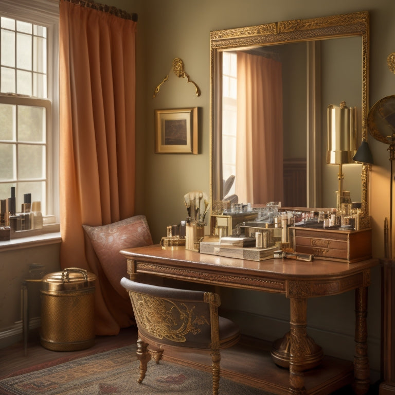 A serene, golden-lit studio interior with a vintage vanity, scattered makeup brushes, and a worn, leather-bound case, surrounded by soft, billowy curtains and a hint of Cape Cod's coastal light.