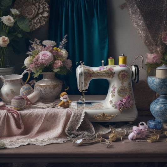 A whimsical illustration featuring a vintage-inspired sewing machine surrounded by scattered fabric scraps, threads, and miniature dolls, with a subtle background of delicate lace and floral patterns.