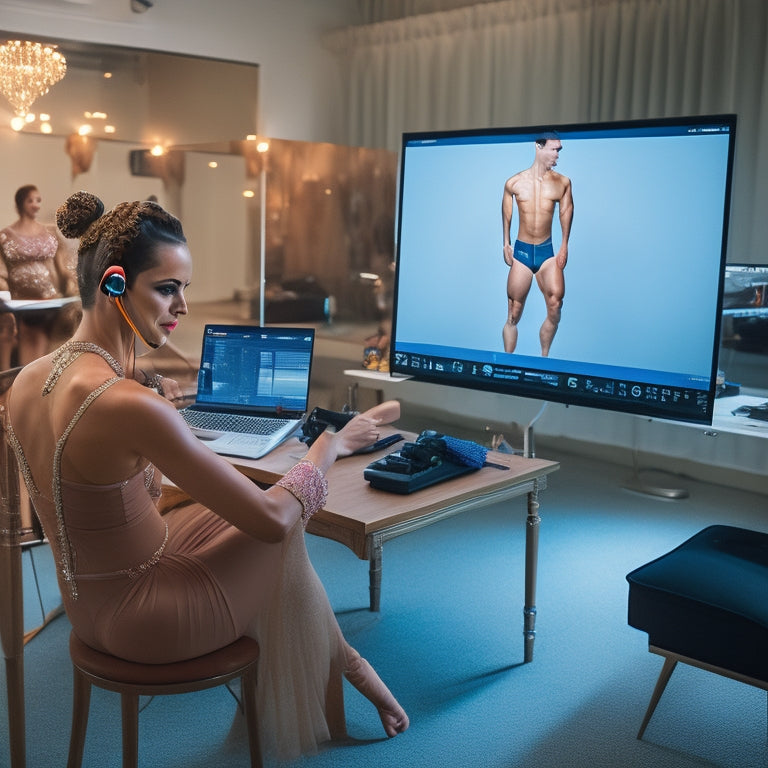 A dancer in a modern studio, surrounded by mirrors and ballet bars, with a laptop open on a nearby table displaying a dance tutorial, wearing a headset and holding a smartphone.