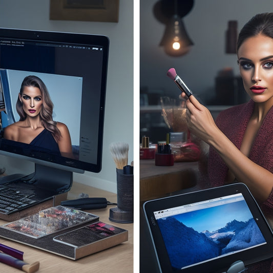 A split-screen image: on one side, a chaotic, cluttered makeup station with scattered brushes and half-finished projects, and on the other, a sleek, organized digital workspace with a tablet and headphones.