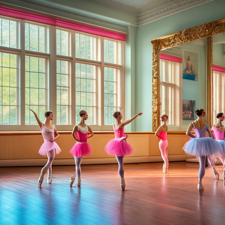 A spotlighted ballet studio, showcasing a variety of ballet tights in soft pastels and vibrant hues, elegantly draped on wooden ballet barres, with delicate pointe shoes and a mirrored wall reflecting graceful dance poses.